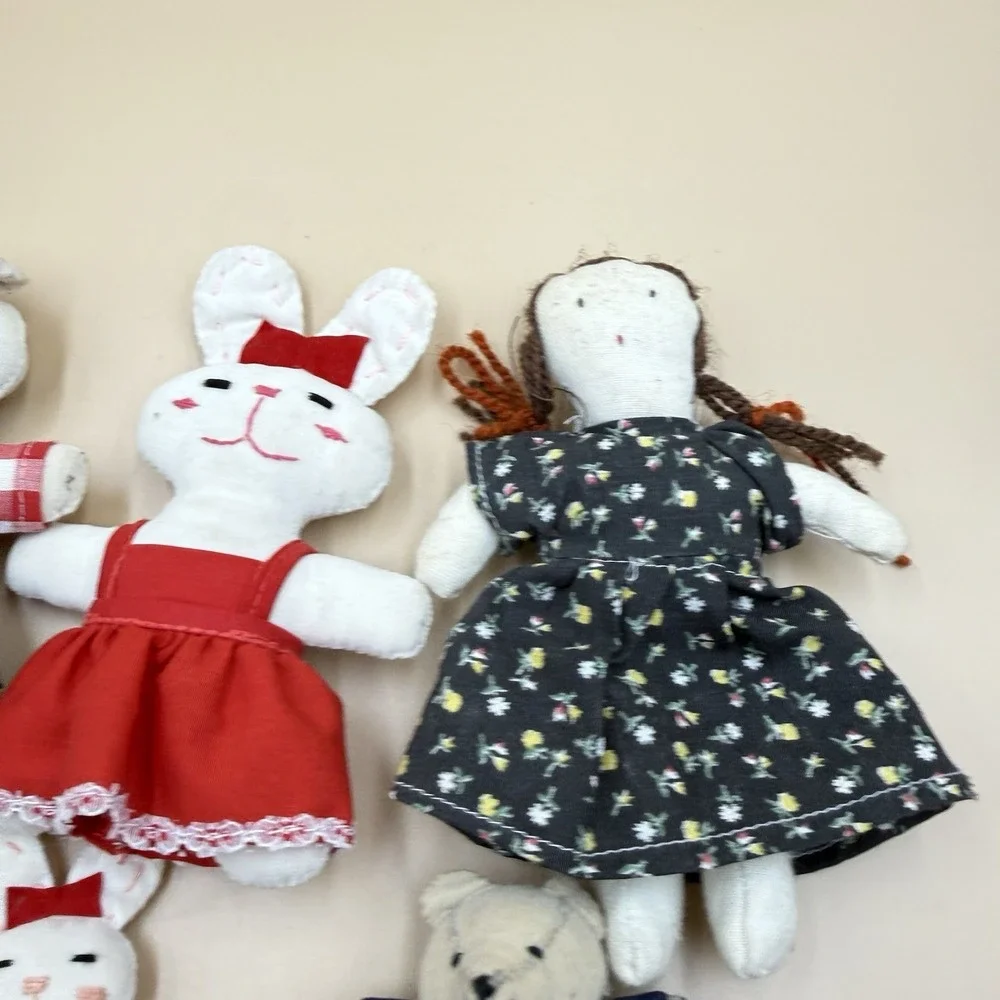 Lot 6 Vintage Handmade‎ Fabric Toys Bunny Bear Doll 1980s Primitive Retro Plush